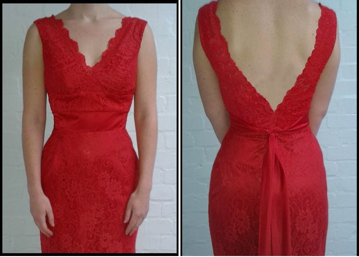 Front and back view of red wedding dress