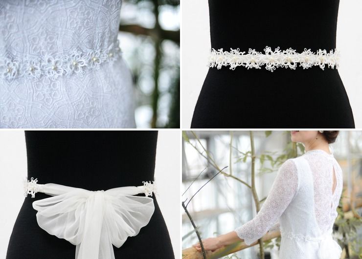 Delicate flowery bridal waistband with pearls and pure silk