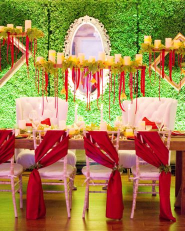 Outdoor red wedding reception decor