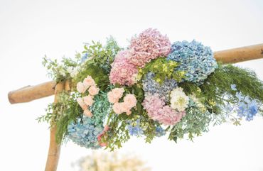 Outdoor blue wedding floral decor