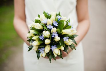 Spring blue tulip wedding bouquet